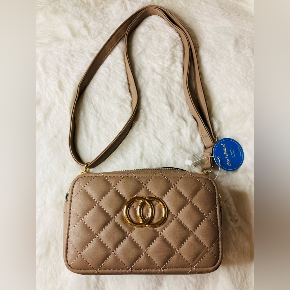 Quilted Taupe Crossbody Bag with Gold Accent